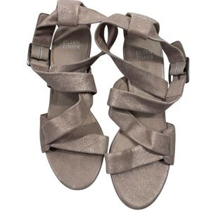 Eileen Fisher gold fabric strappy heel sandals 7